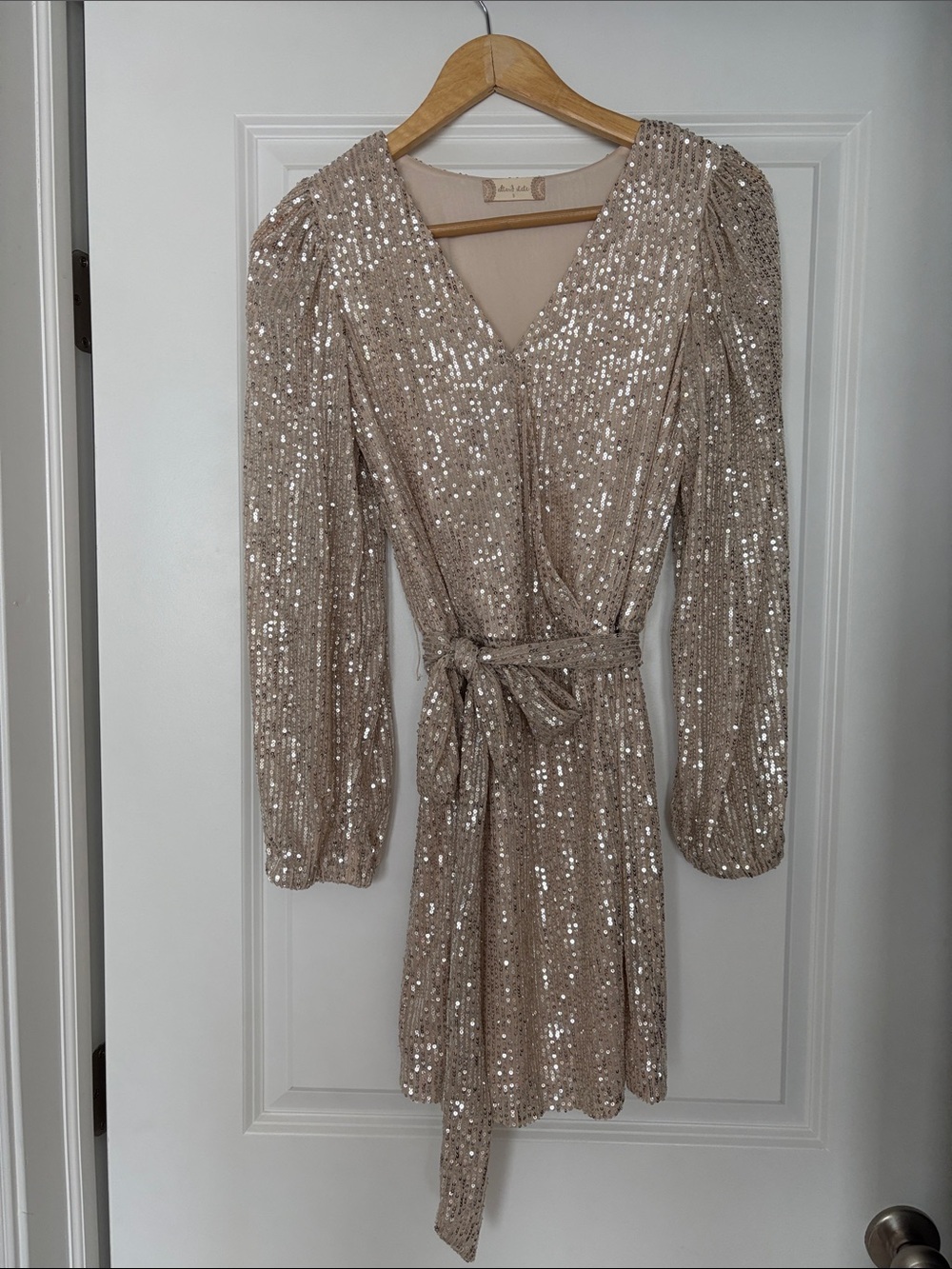 Altar'd State Champagne Sequin Wrap Long Sleeve Dress